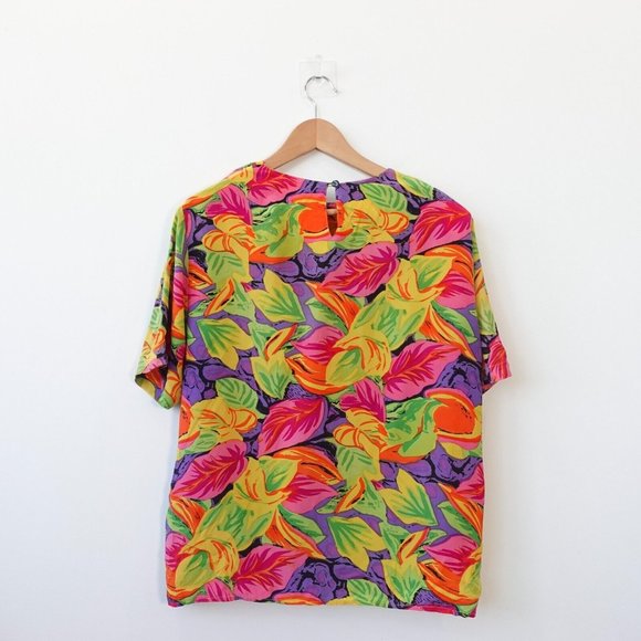VINTAGE Tropical Top Women XL Silk Bold Blouse Vivid Bright Leaves Boho 90s - Picture 8 of 10